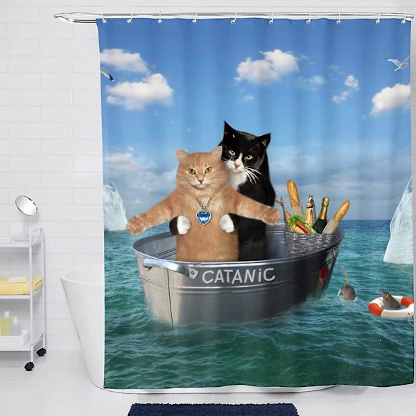 Katte bruseforhæng til badeværelsesindretning, sjove Catanic Cats Cosplay Titanic On Ocean Print vandtætte stof bruseforhæng med kroge 60x72 tommer