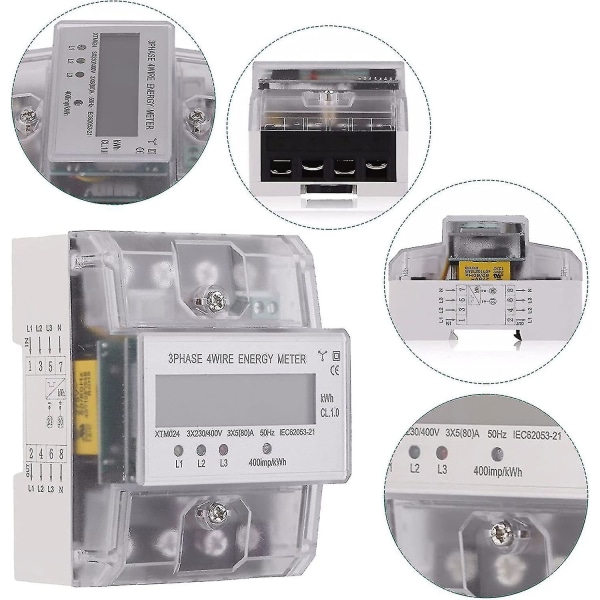 Kolmivaiheinen sähkömittari, kalibroitu energianmittauslaite, LCD-digitaalinen, kolmivaiheinen, 4-johtiminen, 5-100A, 4p kWh, sähkö, kalibroitu energiankulutus