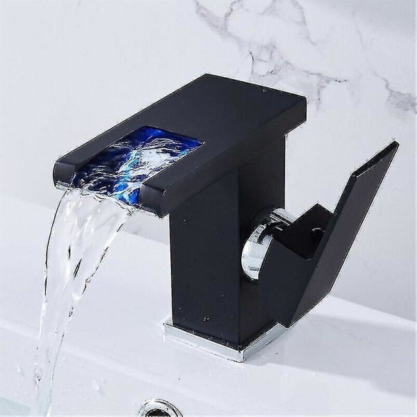 Vattenfall Modern Design Badrumskran Svart LED Handfatskran Hållbar Varm och Kallt Vatten Justerbar