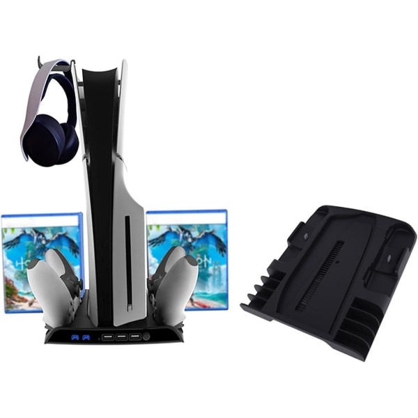 Ps5 Slim Lodret Stander Med Køleblæser Og Dual Controller Ladestation Kompatibel Playstation 5 Slim Konsol med Headset Holder