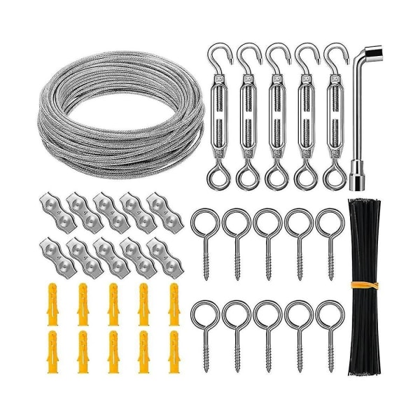 String Light Hanging Kit, 1/8 tum kabeltråd, 98ft belagd vajer med spännskruvar och krokar för