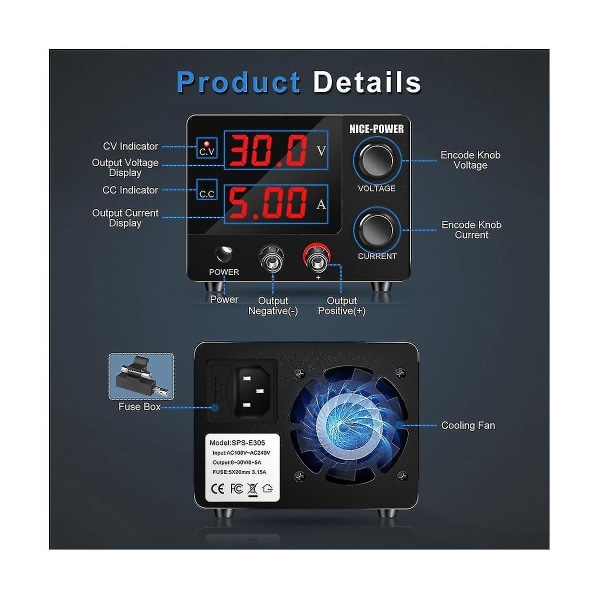 Dc strømforsyning variabel, 30v 5a justerbar skiftende reguleret strømforsyning med encoder, LED-display EU-stik