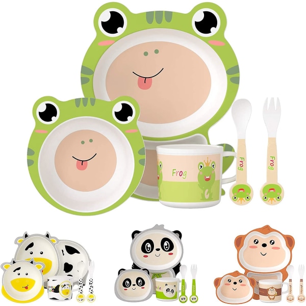 Barneserviettsett servisesett Baby tallerkenskål Bambusfibergaffel (frosk)