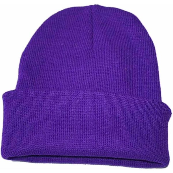 Stickad mössa för kvinnor lång baggy slouch mössa tjock fleecefodrad vintermössa vintermössa enfärgad mössa purple