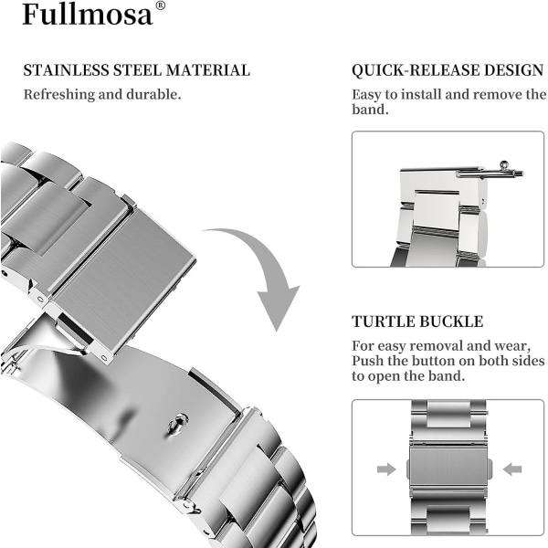 22 mm smartklokkerem, metallremmer for menn, kvinner, kompatibel for Samsung, Huawei Smart Watch Sliver
