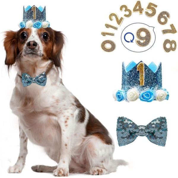 Black Friday Hunde Fødselsdag Dreng-krone Hunde Fødselsdagshat med 0-9 figurer Charms Grooming tilbehør Pakke med 1-blå Adjus
