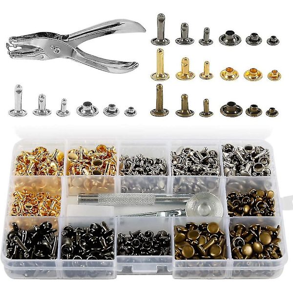 360 lädernitset med dubbla lock, 3 storlekar metallrörnit med stanspliers och 3 st fixeringsverktyg kompatibla med läderreparationersättning R