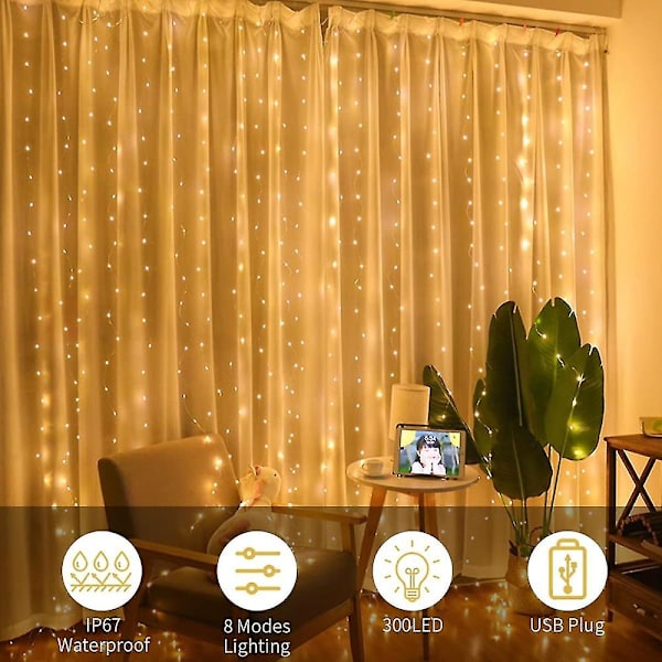 Verhovaloverho 300 Led Verhovalot 8 Tilan Usb-liitäntä 3m*3m 9.84ft Vedenpitävät Ikkunalampunauhat Kaukosäätimellä Puutarhapaviljonkijuhliin