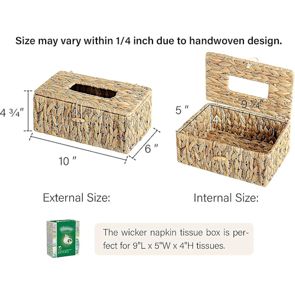 Flettet Serviet Holder, Vandhyacint Vævsæske Beholder, Dekorativ Vævsæske Holder Med Låg, Håndvævet Serviet Dispenser, 1 Pakke, 25,4 cm L x 15,2 cm B x 10,2 cm H