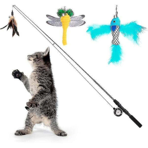 Kissansänky, kissan höyhenen sauvalelu, 4 pakkauksen interaktiivinen sisäänvedettävä kalastussauvan sauvanpyyntiharjoitus, jossa on erilaisia ​​täyttökaloja, sudenkorentomato