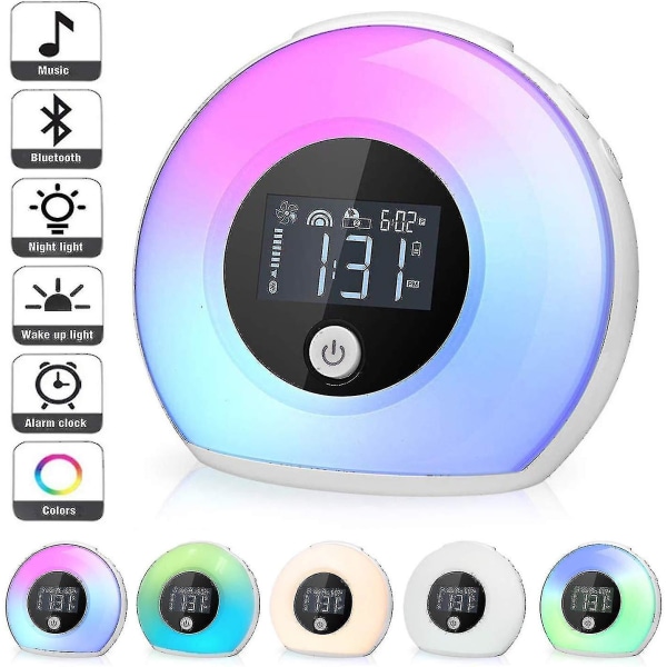 Sengelampe, 5-i-1 LED-bordslampe med Bluetooth-højttaler, 12/24-timers digitalt vækkeur