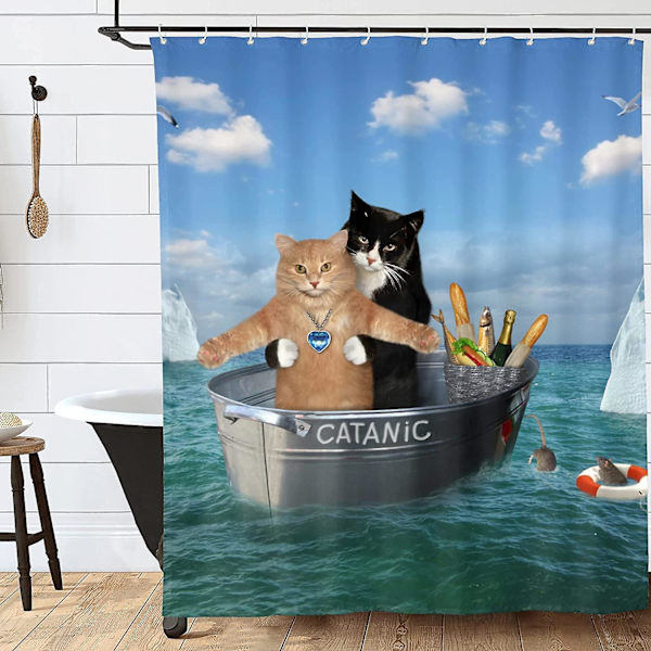 Katte bruseforhæng til badeværelsesindretning, sjove Catanic Cats Cosplay Titanic On Ocean Print vandtætte stof bruseforhæng med kroge 60x72 tommer