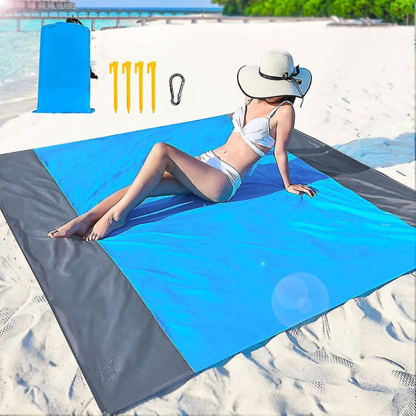 Vanntett strandteppe, (blått/grå) Stort 200 cm X 210 cm Sand Vanntett strandteppe for strender, camping, piknik, parker, reise og utendørsaktiviteter