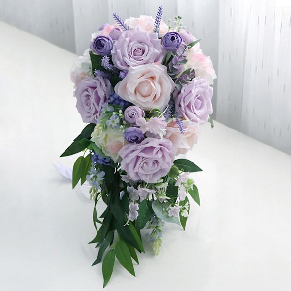 Kaskad Brudebukett Bryllup Kunstig Taro Lilla Rose Lavendel Håndholdt Blomst Med Langt Bånd Dekor