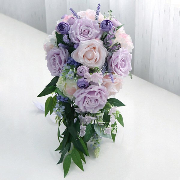 Kaskadende brudebuket brudebuket vandfald kunstig taro lilla rose lavendel holder blomst med lang bånd dekoration