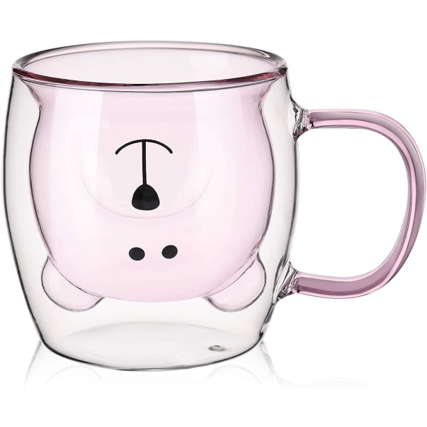 Søt Bear Tea Cup Dobbelvegg Glass Milk Coffee Bear Krus med håndtak Isolert Espresso Beer Cup 250 Ml/ 8,4 Oz (rosa)