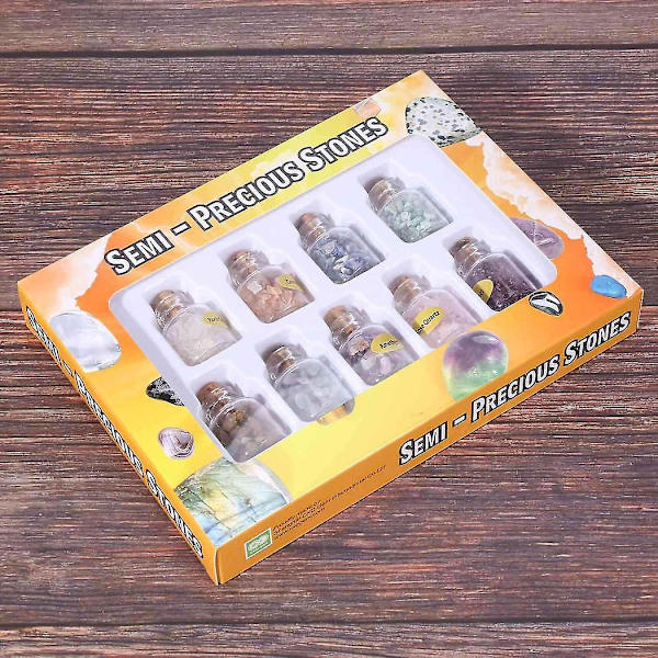 2 lådor med 9 flaskor Mini Natural Semiprecious Gem Stone Chip Crystal Healing Tumbled Reiki Wicca Tra