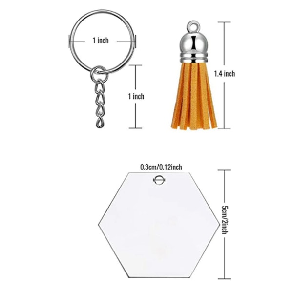72 stk akryl gjennomsiktige skiver sekskant nøkkelring med kjede kompatibel med håndverk