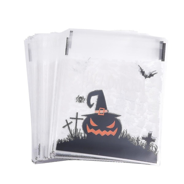 100 st Halloween plastpåsar Självhäftande påse förpackningspåse för godiskakor (halloweenhatt)