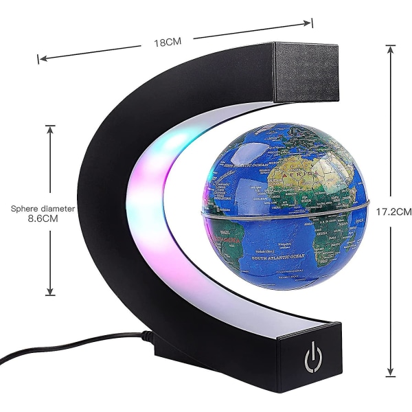 Magnetisk flydende globus med farvede led lys C form anti-tyngdekraft Maglev roterende verdenskort til gave hjemmekontor skrivebordsdekoration (med kontakt, blå