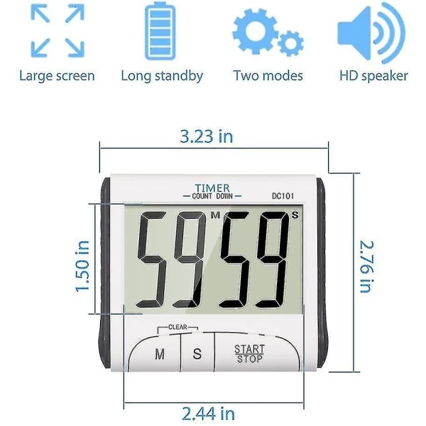 Kjøkkenklokke, elektronisk magnetisk digital kjøkkenklokke 24t digital kjøkkenklokke med hørbar alarm LCD-skjerm nedtelling magnetisk holder - hvit