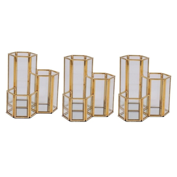 3x Glas Koppar Hexagon Komposit Pennahållare Sminkborste Glaslåda Multifunktionell Skrivbordsarrangör