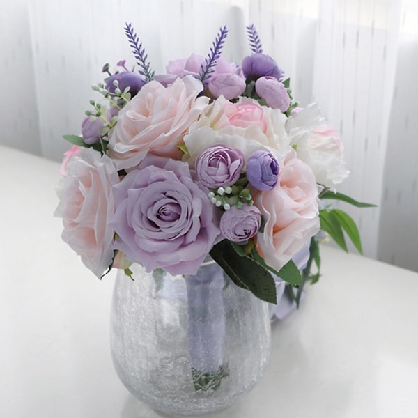 Kaskadende brudebuket brudebuket vandfald kunstig taro lilla rose lavendel holder blomst med lang bånd dekoration