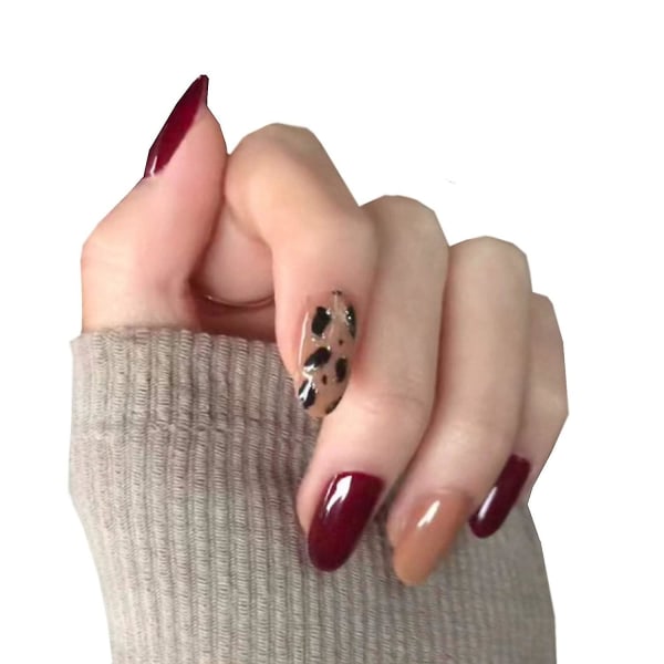 24 pakke falske negle Medium mandelpresse negle blanke akryl negle Leopard kunstdesign