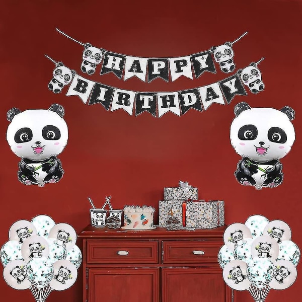 Panda bursdagsfest rekvisita, 84 stk Panda festpynt med gratulasjonsbanner ballonger tallerken duk