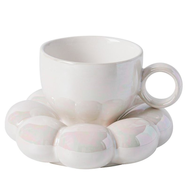 Søt kopp og tallerkensett, blomsterkaffekopp og tallerkensett, keramisk kaffekopp med tallerken, (perlehvit)