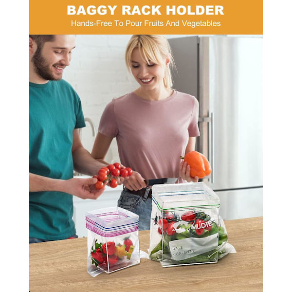 2 stk. madopbevaringsposeholder, påfyldningsposeholder med lynlås til fryserposer, poseholder til gallon, kvart, sandwichpose