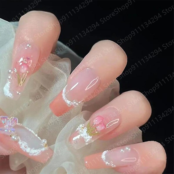 Diy Fashion All-match Hjerte Kæde Krystal Sløjfe 3d Aftagelig Bærbar Falsk Manicure Håndlavet Brud Negle Patch Smykker Gave Legetøj C M