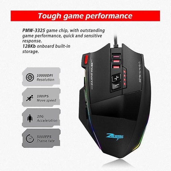 C-13 Kablet Gaming Mus 13 Programmerbare Knapper Justerbar 10000dpi Rgb Lysbelte 128kb Ombordminne Innebygd Motvektmekanisme