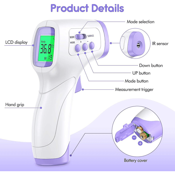 Frontalt termometer, berøringsfritt termometer med LCD-skjerm, infrarødt frontalt termometer babybarn voksen, infrarødt termometer med hurtigleser