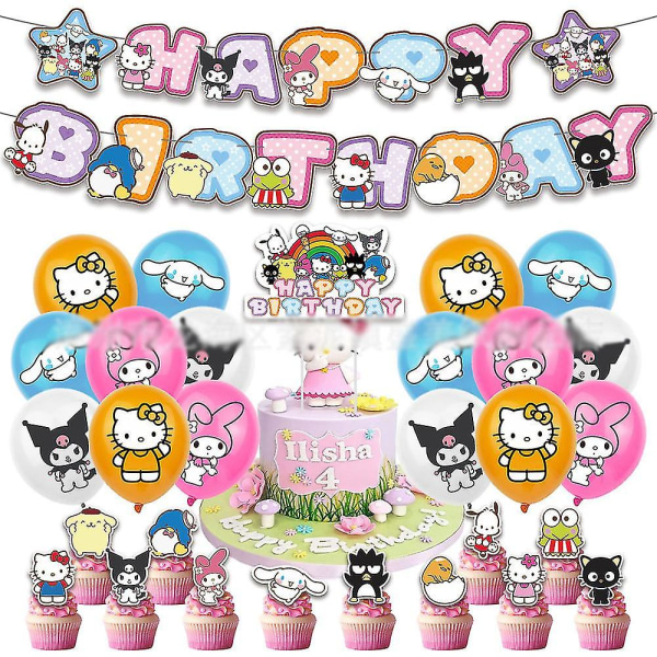 Kawaii Kitty -teema Tyttöjen Syntymäpäiväjuhlatarvikkeet Kit Sisustus Ilmapallot Banderollit kakkupäälliset set