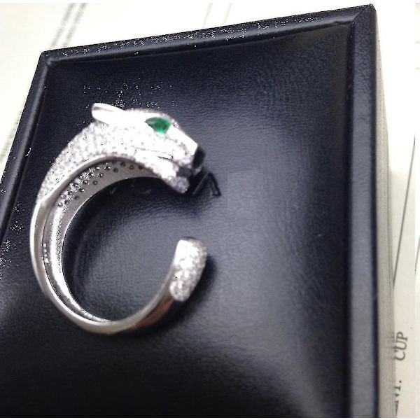 Män 925 Sterling Silver Leopard Djur Finger Ring Pavé Cubic Zirkon Panter Gröna Ögon Öppen Ring Kvinnor Fest Fint Bröllop