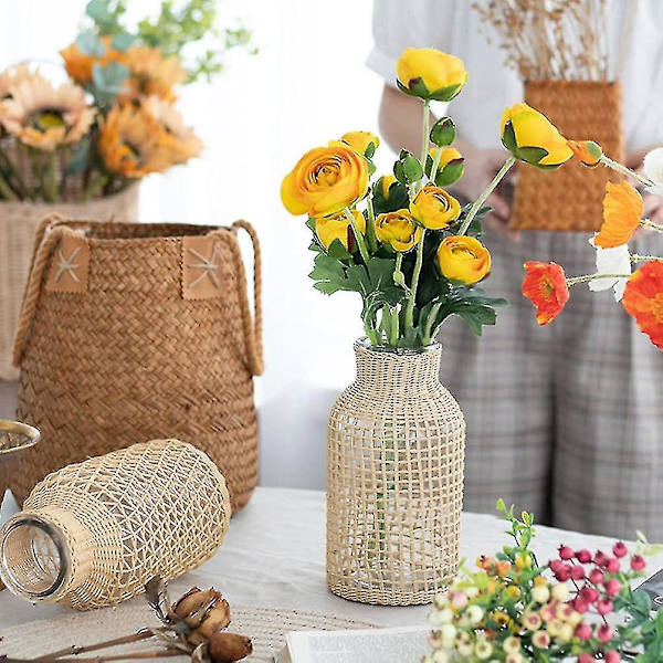 Glasblomvas med rottingöverdrag Blomknoppvas Rund dekorativ blomvas Blombehållare Lantlig blomflaska för blomsterarrangemang Hous