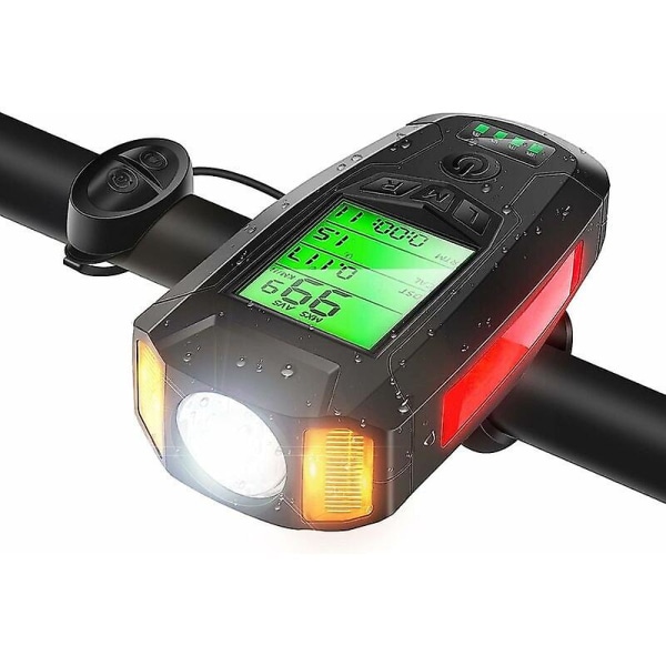Sykkellys, multifunksjonell sykkellys med speedometer, vanntett sykkellys med USB-oppladbar, justerbare lysmoduser 300lm og høy lyd B