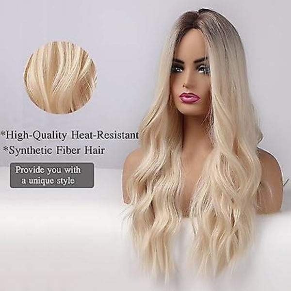 26 tum lång blond peruk för kvinnor syntetiskt naturligt hår ombre blond peruk med mörka rötter syntetisk