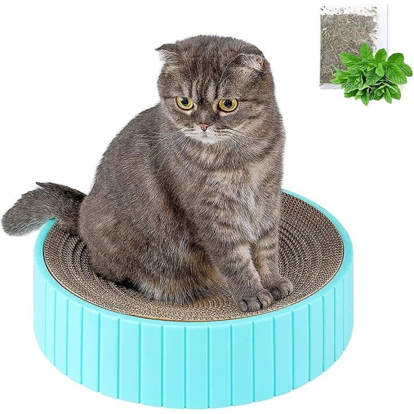 Katteskrapebrett, 2 i 1 dobbeltsidig katteskrapepapp med kattemynte - Runde katteskrapebrett for kattunger og voksne katter, blå