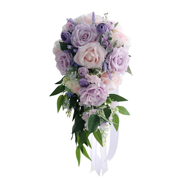 Kaskad Brudebukett Bryllup Kunstig Taro Lilla Rose Lavendel Håndholdt Blomst Med Langt Bånd Dekor