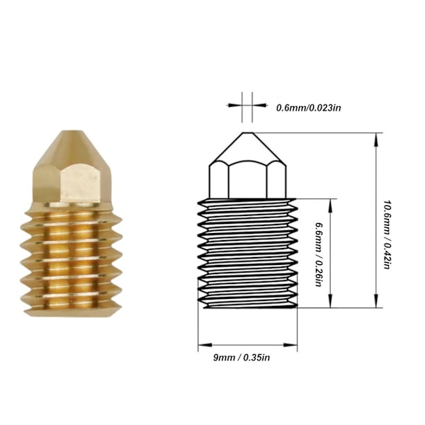3D-printer messingdyse - Pakke med 5, tæt forbindelse, varmebestandig op til 500 °C, kompatibel med Bambu Lab X1 P1P, 1,75 mm, 0,6 mm