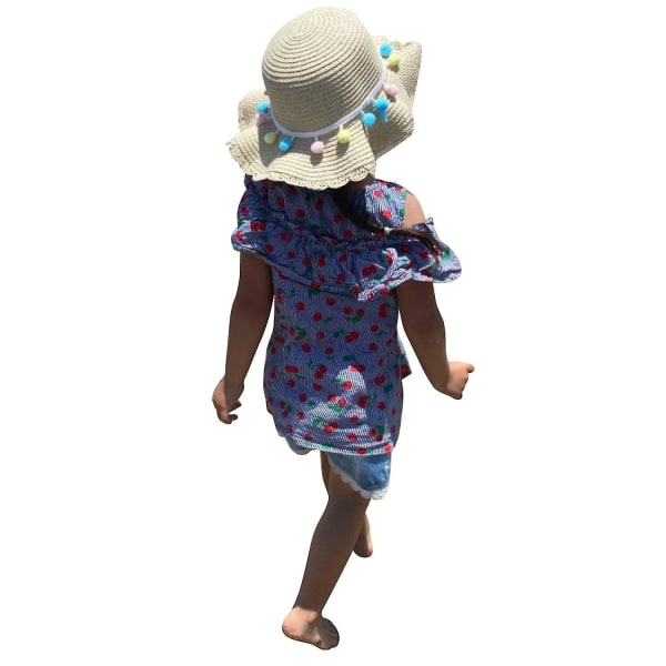 Barn Baby Jenter Bred Brim Beach Straw Sun Hat Med veske Søt Princess Pompom Summer Hats
