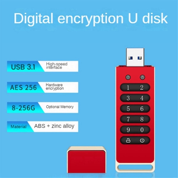 Turvallinen USB-asema, 32 Gt salattu USB-muistitikku, jossa on näppäimistö ja salasanasuojaus USB 3.1