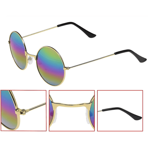 2 stk fargede runde retro hippie solbriller, hippie briller med solid metallinnfatning og tonede linser