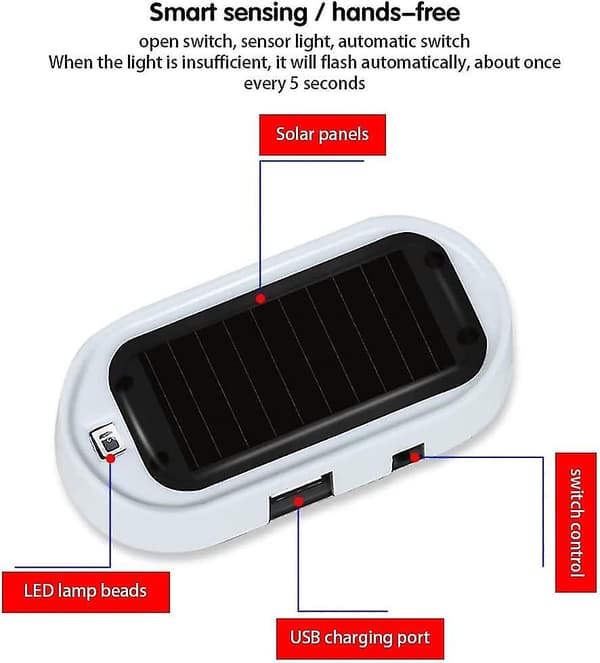 Billa larm LED-ljus, solcellslarm för bil, rött