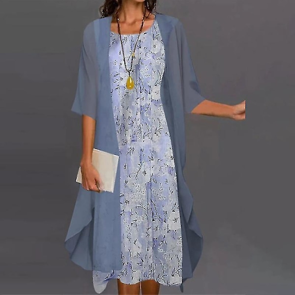 Naisten boheemi mekko ja neuletakki, rento kukkakuvioinen kaksiosainen mekko blue 4xl