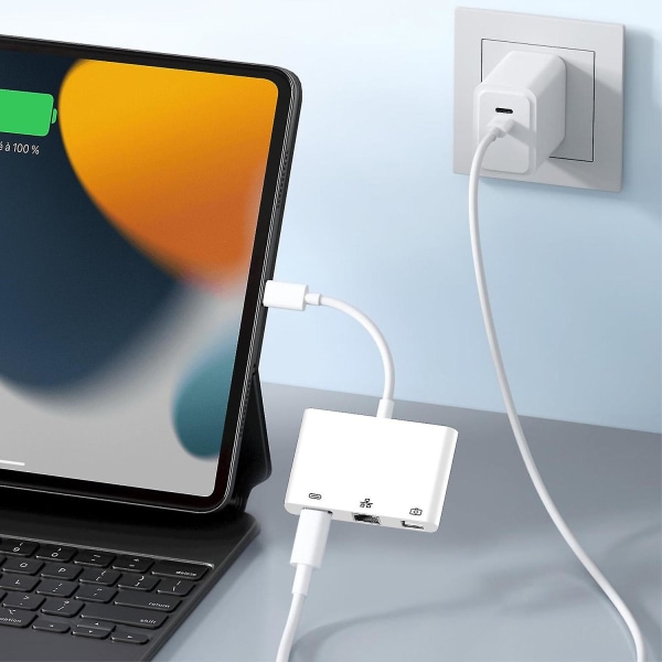 Lightning to Ethernet / USB-A / USB-C-sovitin, kompakti, Plug and Play, valkoinen