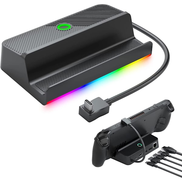 Steam Deck Dock med Rgb LED-lys, dokkingstasjon for Steam Deck, 5-i-1 Steam Dock med Gigabit Ethernet, Hd 2.0