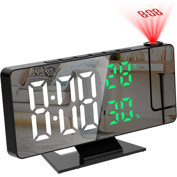 Ankilo projektionsvækkeur til soveværelse, 7,8" stort digitalt ur med 180 projektor, 12/24 timer, USB-opladningsport, temperatur- og fugtighedsdisplay, Sno
